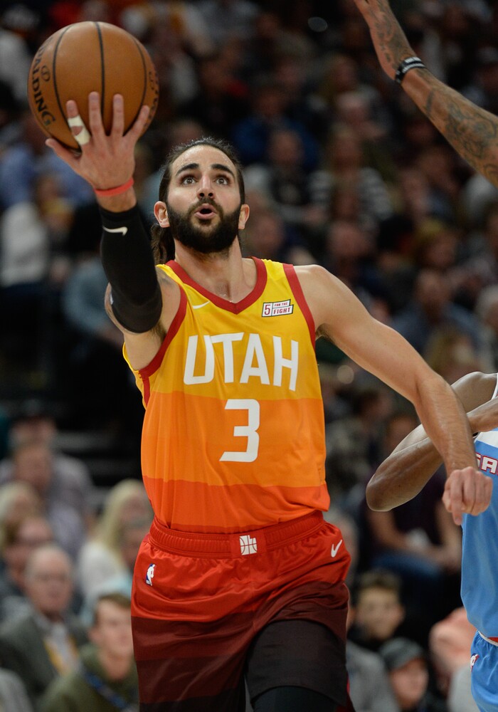 (Francisco Kjolseth  |  The Salt Lake Tribune)  Utah Jazz guard Ricky Rubio (3) lays one up over the Kings in the NBA game at Vivint Smart Home Arena Wed., Nov. 21, 2018, in Salt Lake City.
