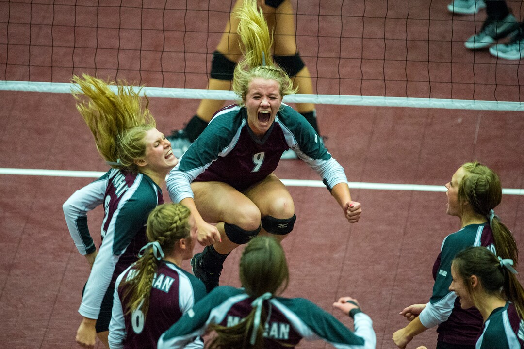 Chris Detrick  |  The Salt Lake TribuneMorgan's Brookelyn Hurlbut (22) Marcie Stapley (9) Brooke Loertscher (5) Ellee Anderson (1) Anna Cox (19) and Baylee Loertscher (6) celebrate after winning the first set during the Class 3A state volleyball championship match Thursday October 27, 2016. Morgan defeated Desert Hills 3-0. 