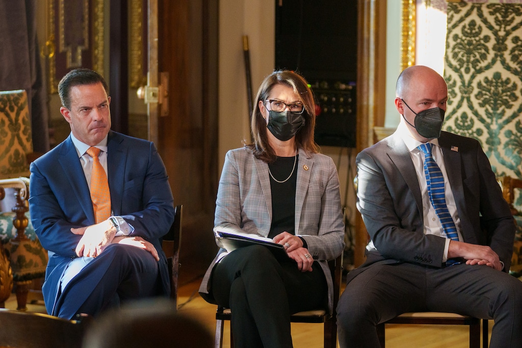 (Trent Nelson  |  The Salt Lake Tribune) House Speaker Brad Wilson, R-Kaysville, Lt. Gov. Deidre Henderson, and Gov. Spencer Cox at a news conference related to COVID-19 at the State Capitol in Salt Lake City on Friday, Jan. 14, 2022.