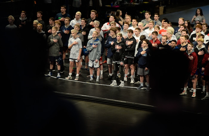 (Francisco Kjolseth  |  The Salt Lake Tribune)  Teams gather before the 5A and 6A state wrestling championship matches at the Utah Valley University UCCU Center on Thursday, Feb. 8, 2018.