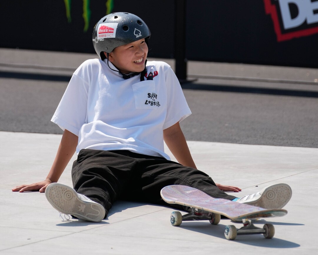 (Francisco Kjolseth | The Salt Lake Tribune) Momiji Nishiya of Japan who won the gold medal during the Tokyo Games, takes a moment on the concrete after a misstep on a move as she competes in Street League Skateboarding Championship Tour at the Utah State Fairpark in Salt Lake City on Saturday, Aug. 28, 2021. Now in its 11th year, the sport’s premier competition series includes more of the world’s best skaters than ever before, with the tour roster featuring 47 athletes hailing from 11 countries, including 21 Olympians and multiple X Games medalists.