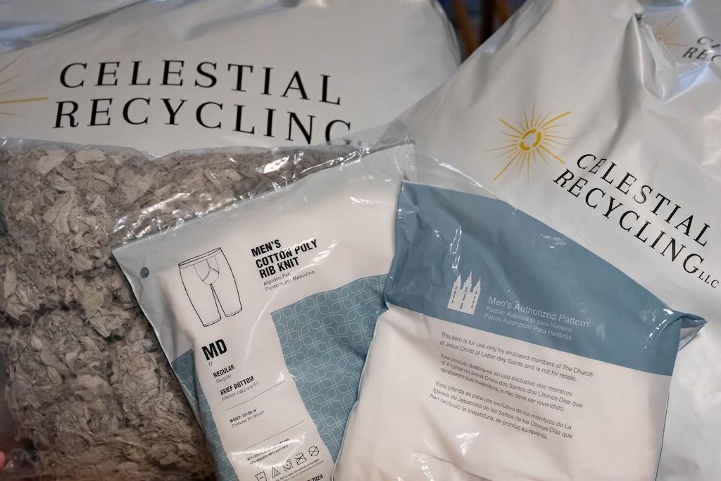 (Francisco Kjolseth  | The Salt Lake Tribune) Ali Larsen and her husband, Ben, have created a new way to dispose of Latter-day Saint temple garments as they show off their latest recycling idea at their home in Plain City on Tuesday, March 18, 2025.