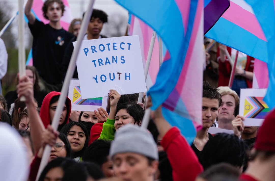 (Francisco Kjolseth | The Salt Lake Tribune) East High school students organize a walkout on Friday, April 15, 2022, to protest HB11, which bans transgender girls from participating in female school sports. In the same spirit of the West High walkout last week, students took a stand to speak out against the bill which they found discriminatory and hurtful to transgender youth in the state.