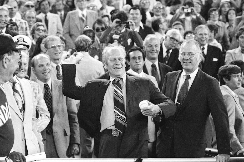 (The Associated Press) In this July 13, 1976, file photo, President Gerald Ford throws the ceremonial first pitch to start the Baseball All-Star game in Philadelphia. 