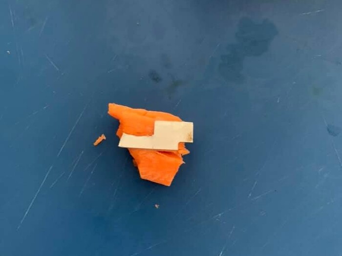 (Photo courtesy of Amber Choruby Whiteley) A Salt Lake City woman found a piece of a metal blade lodged in a pre-cut carrot stick she was eating on Jan. 20, 2020. Harmons grocery said a mechanical failure was to blame and issued a recall for some of the carrot sticks sold at its City Creek location.