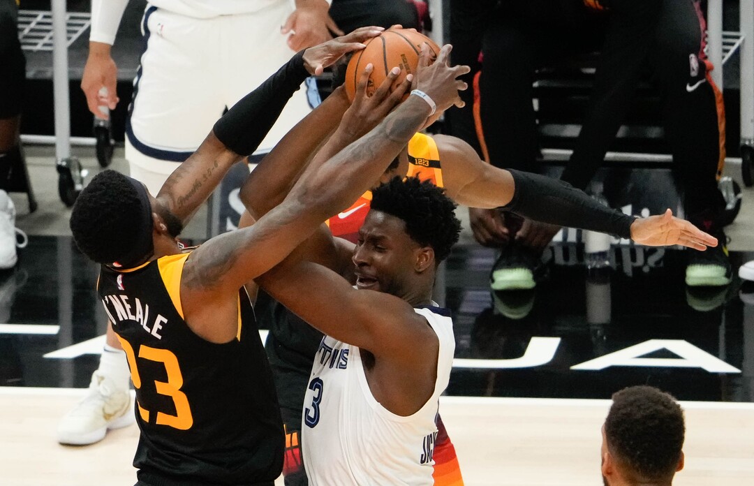 (Francisco Kjolseth | The Salt Lake Tribune)Utah Jazz forward Royce O'Neale (23) puts the block on Memphis Grizzlies forward Jaren Jackson Jr. (13) in the first half of Game 5 of an NBA basketball first-round playoff series Wednesday, June 2, 2021, in Salt Lake City, UT.