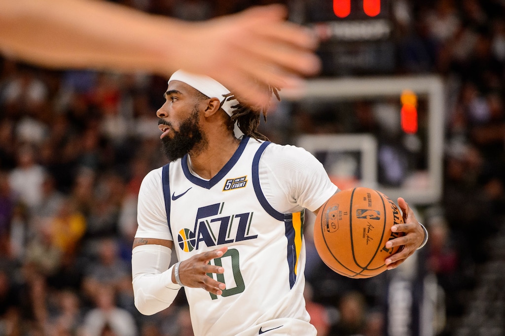 (Trent Nelson  |  The Salt Lake Tribune) Utah Jazz guard Mike Conley (10) as the Utah Jazz hosts the Sacramento Kings, NBA basketball in Salt Lake City on Monday Oct. 14, 2019.
