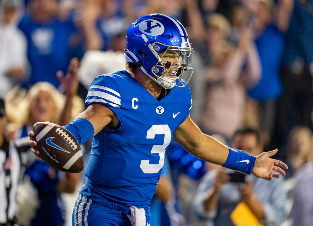 (Rick Egan | The Salt Lake Tribune) Brigham Young Cougars quarterback Jaren Hall (3) celebrates a touchdown, after catching a touchdown pass, in football action between the Brigham Young Cougars and the Baylor Bears at Lavell Edwards Stadium in Provo, on Saturday, Sept. 10, 2022.