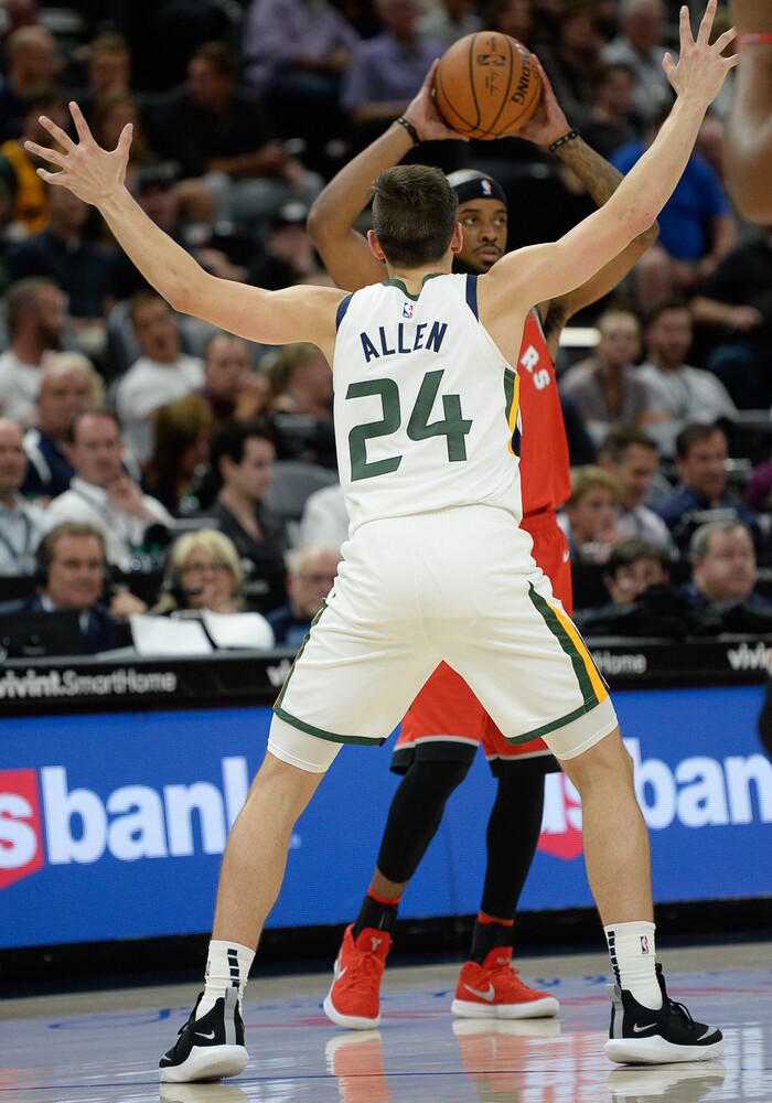 (Francisco Kjolseth  |  The Salt Lake Tribune)  Utah Jazz guard Grayson Allen (24) guards the Raptors in the second half of the preseason NBA game at Vivint Smart Home Arena Tuesday, Oct. 2, 2018, in Salt Lake City.