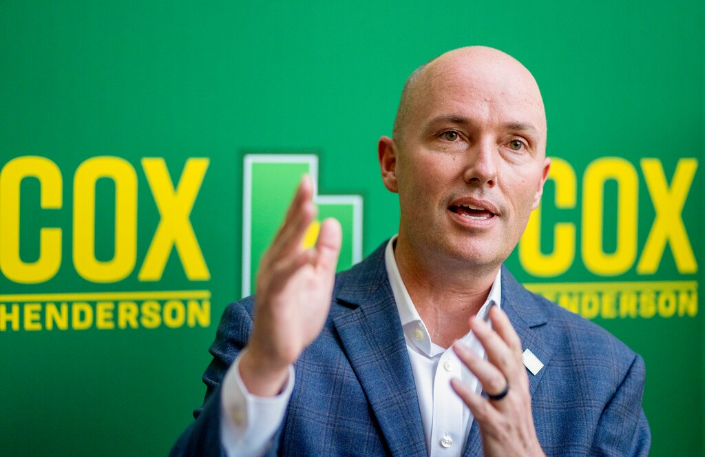 (Rick Egan | The Salt Lake Tribune) Gubernatorial candidate Gov. Spencer Cox speaks to reporters in Salt Lake City, on Tuesday, June 25, 2024, after winning the GOP nomination. The Cox campaign accepted a $10,000 donation from the subsidiary of a foreign company looking to get a lithium mining project approved by the state.