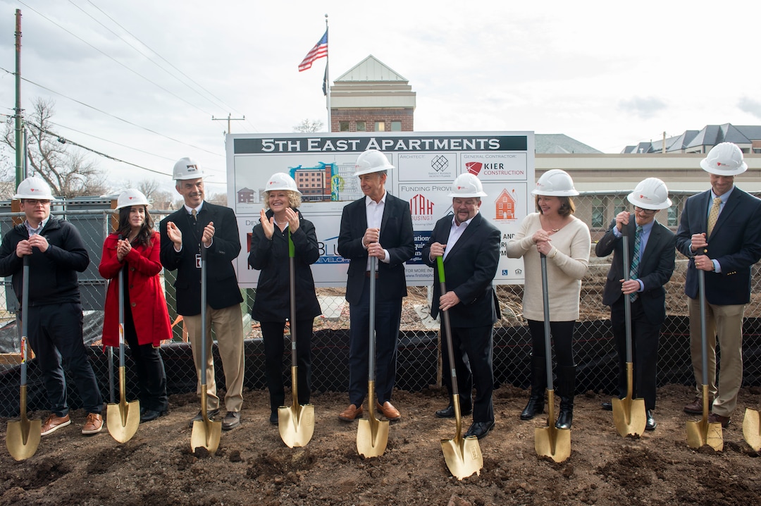 (Rick Egan  |  The Salt Lake Tribune)    Mayor Jackie Biskupski joins representatives from First Step House, Salt Lake County Behavioral Health Services, and the Utah Housing Corporation and other dignitaries, to break ground on the latest phase of the First Step House Recovery Campus, at 440 South 500 East in Salt Lake City. Friday, March 1, 2019.