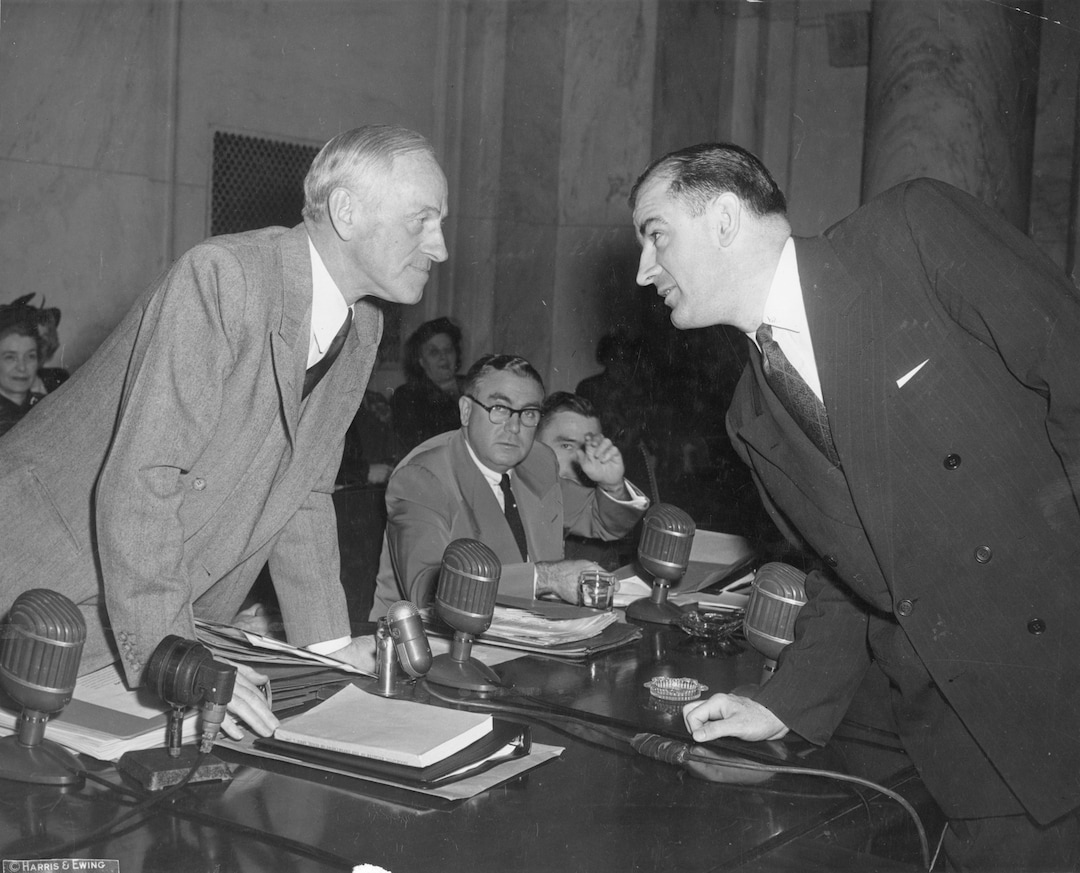 (Photo courtesy of the U.S. Senate Historical Office) Sen. Joseph McCarthy (R-Wisc.) and Sen. Millard Tydings (R-Maryland) face off on the first day of hearings into McCarthy’s allegations that scores of communists were working in the State Department.