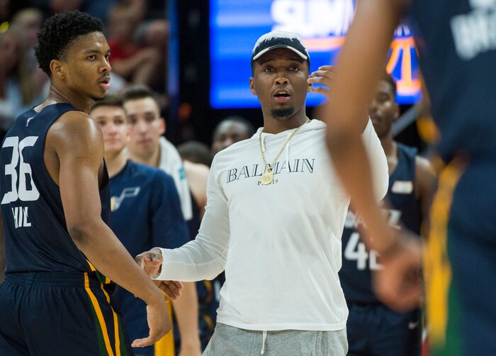 (Rick Egan  |  The Salt Lake Tribune)      Donovan Mitchell gives some instructions during a time out, in Utah Jazz summer league action between Utah Jazz and Memphis Grizzlies in Salt Lake City, Tuesday, July 3, 2018.