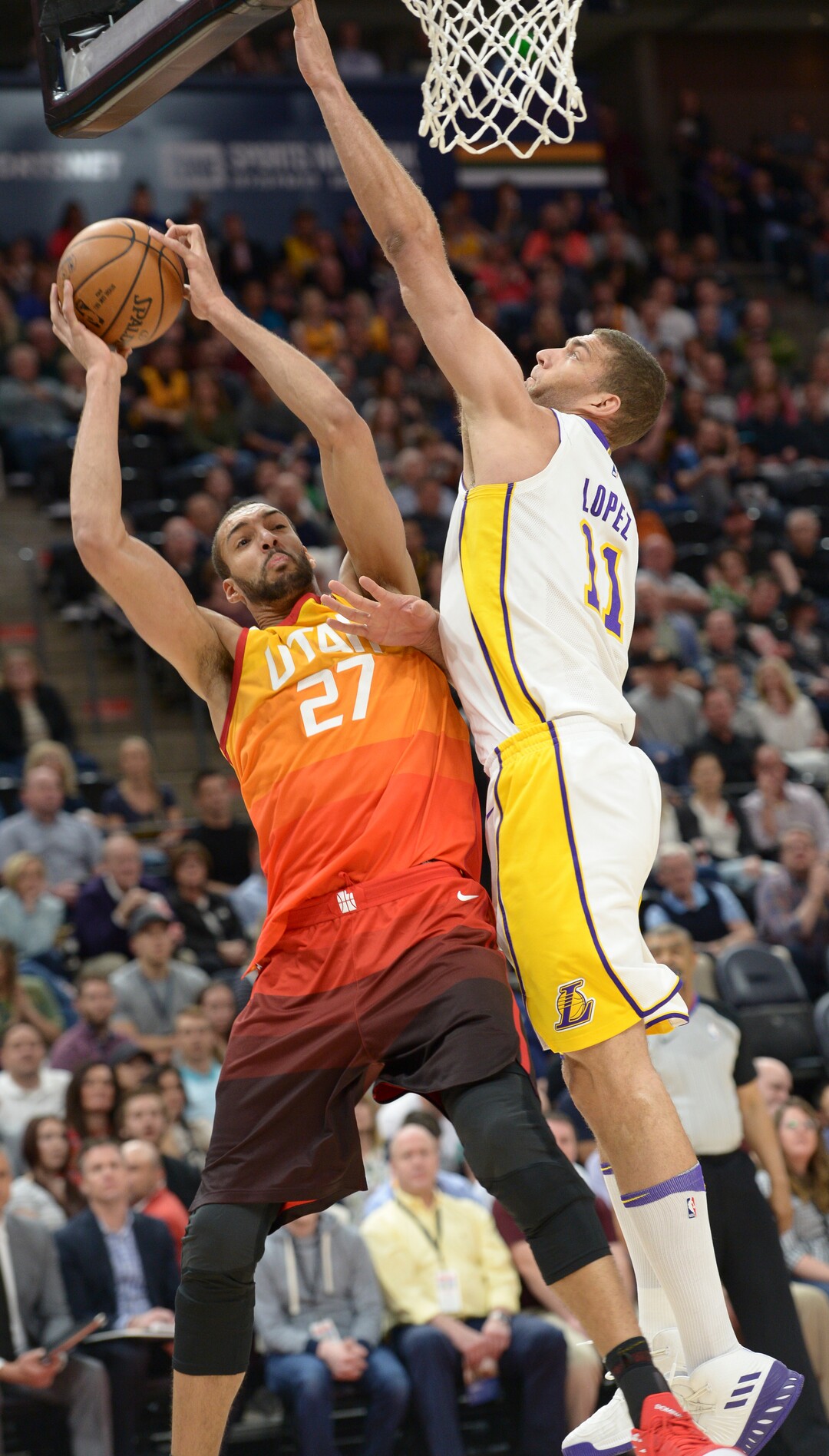 (Leah Hogsten  |  The Salt Lake Tribune)  Utah Jazz center Rudy Gobert (27) fights Los Angeles Lakers center Brook Lopez (11) to get to the net as the Utah Jazz host the Los Angeles Lakers at Vivint Smart Home Arena Tuesday, April 3, 2018