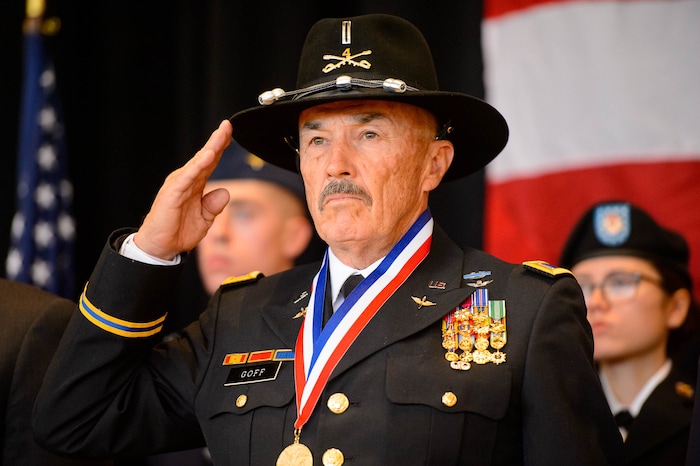 (Trent Nelson | The Salt Lake Tribune)
Veteran Thomas Goff salutes as Taps is played at the Veterans Day Commemoration at the University of Utah in Salt Lake City on Monday, Nov. 11, 2019.