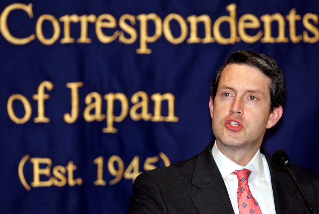FILE - In this March 10, 2005, file photo, Randal Quarles, U.S. assistant secretary of Treasury, speaks to journalists in Tokyo. Quarles, President Donald Trump's nominee for the Federal Reserve Board, says he likes a predecessor's ideas for where regulators should prune banking rules. At his Senate confirmation hearing Thursday, July 27, 2017, Quarles said he agreed with recent recommendations of the man he'd replace as the head of bank oversight. The predecessor, Daniel Tarullo, only filled the role informally. (AP Photo/Shizuo Kambayashi, File)
