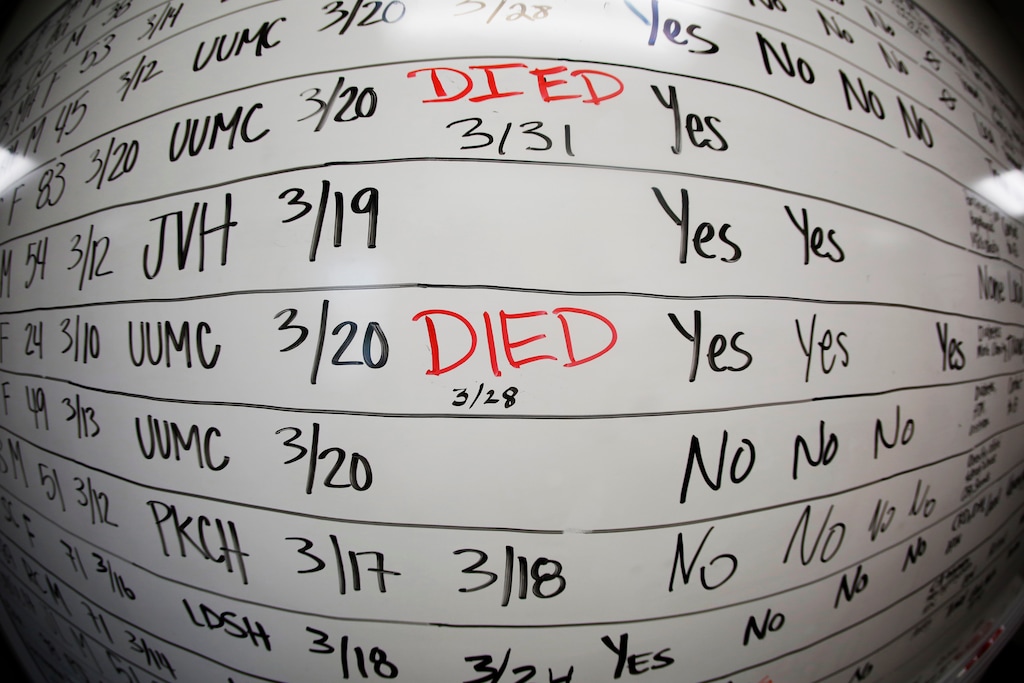 This May 13, 2020, photo taken with a fisheye lens shows a list of the confirmed COVID-19 cases in Salt Lake County early in the coronavirus pandemic at the Salt Lake County Health Department, in Salt Lake City. Health officials later moved to tracking the cases in an online database, but the white board remains in the office as a reminder of how quickly the coronavirus spread. (AP Photo/Rick Bowmer)