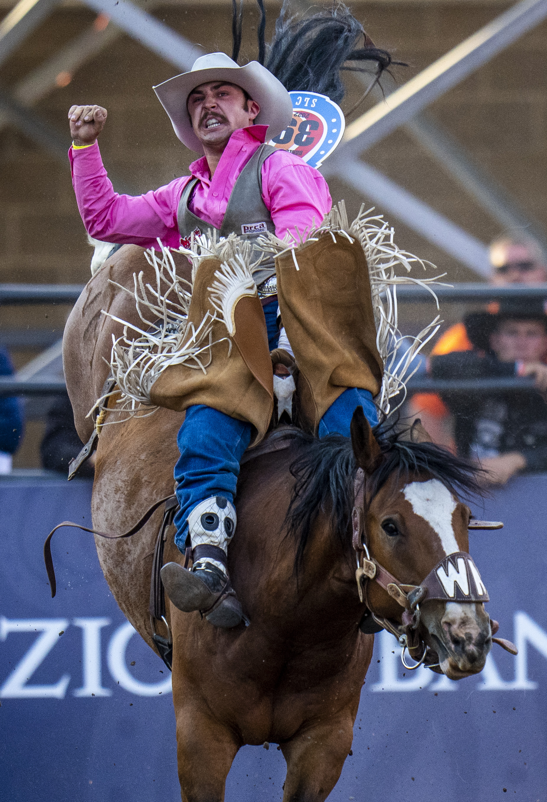 (Rick Egan | The Salt Lake Tribune) Donny Profit, from Diamondville, Wyo., competes in the bareback riding competition at the Utah Days of '47 Rodeo at the State Fairpark, on Monday, July 25, 2022.