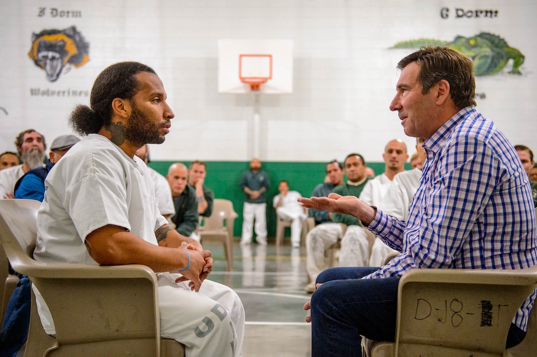 (Trent Nelson  |  The Salt Lake Tribune)Jerome Johnson and Bob Kittell practice focusing attention on one another at a meeting of the New Visions Speech Club at the Utah State Prison's Promontory facility in Draper on Tuesday Dec. 3, 2019.