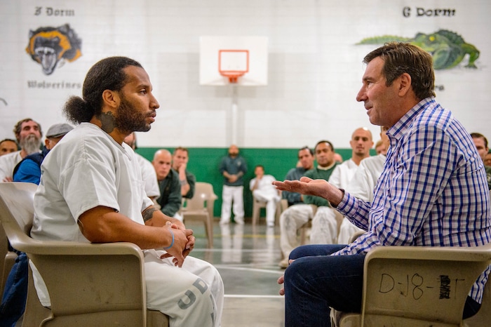 (Trent Nelson | The Salt Lake Tribune)
Jerome Johnson and Bob Kittell practice focusing attention on one another at a meeting of the New Visions Speech Club at the Utah State Prison's Promontory facility in Draper on Tuesday Dec. 3, 2019.