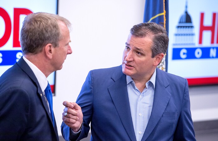 Leah Hogsten | The Salt Lake Tribune
Republican Sen. Ted Cruz of Texas, right, stumps for Utah's 3rd Congressional District primary candidate, former state Rep. Chris Herrod, left, June 29, 2017 at Entrata in Lehi.
