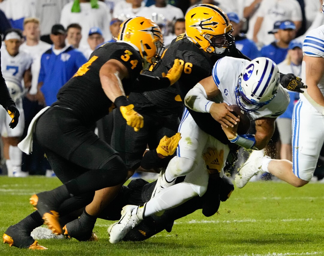(Francisco Kjolseth | The Salt Lake Tribune) Brigham Young Cougars quarterback Jaren Hall (3) is injured when he is tackled by the Arizona State Sun Devils in the final minutes of play at LaVell Edwards Stadium in Provo, on Saturday, Sept. 18, 2021.