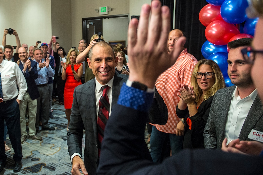 (Chris Detrick  |  The Salt Lake Tribune)  Provo Mayor John Curtis greets his supporters during his election night party at the Provo Marriott Hotel & Conference Center Tuesday, August 15, 2017. 