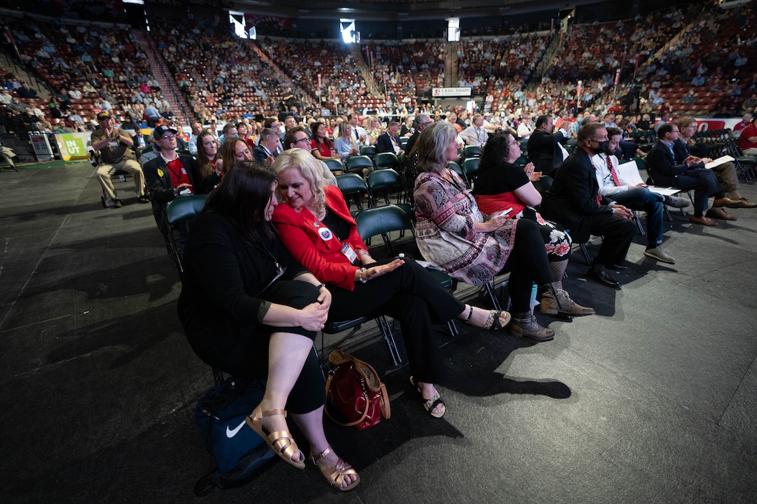(Francisco Kjolseth | The Salt Lake Tribune) Delegates Gina Worthen, left, and Daniela Harding attend the Utah Republican Party’s 2021 Organizing Convention at the Maverik Center in West Valley City on Saturday, May 1, 2021.