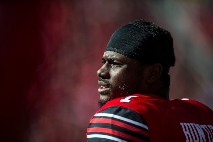 (Chris Detrick  |  The Salt Lake Tribune)  Utah Utes quarterback Tyler Huntley (1) during the game at Rice-Eccles Stadium Saturday, October 21, 2017. 