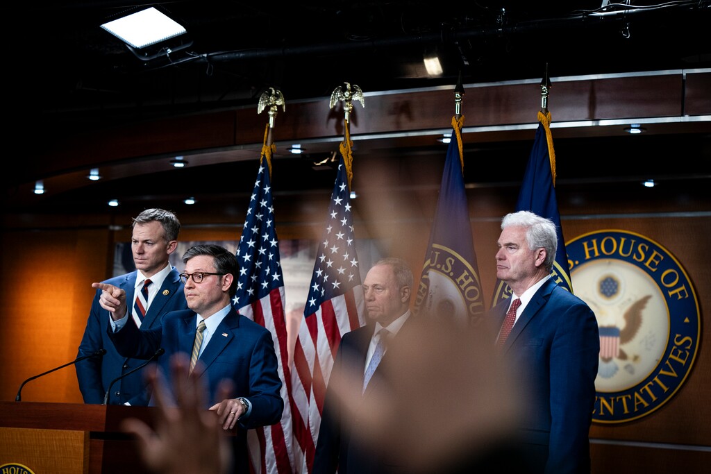 (Haiyun Jiang | The New York Times) House Speaker Mike Johnson, R-La., takes questions at a news conference on Capitol Hill in Washington, Dec. 10, 2024. From left: Reps. Blake Moore, R-Utah, Johnson, Steve Scalise, R-La., and Tom Emmer, R-Minn.