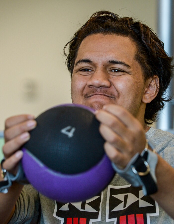 (Leah Hogsten  |  The Salt Lake Tribune) Audrick “Stak” Afatasi is fighting to regain movement in his lower body after being paralyzed at a trampoline park on March 15, 2019.