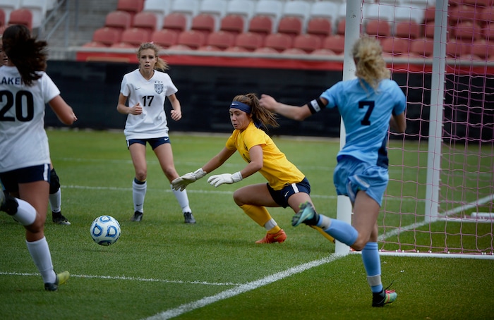 (Scott Sommerdorf | The Salt Lake Tribune)
Sky View's Samatha Tippetts tries to center a ball in front of the Bonneville goalkeeper during second half play. Sky View defeated Bonneville 2-0 to win the 4A title game, Saturday, October 21, 2017.