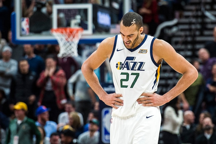 (Chris Detrick  |  The Salt Lake Tribune)  Utah Jazz center Rudy Gobert (27) reacts during the game at Vivint Smart Home Arena Friday, January 19, 2018.  New York Knicks defeated Utah Jazz 117-115.