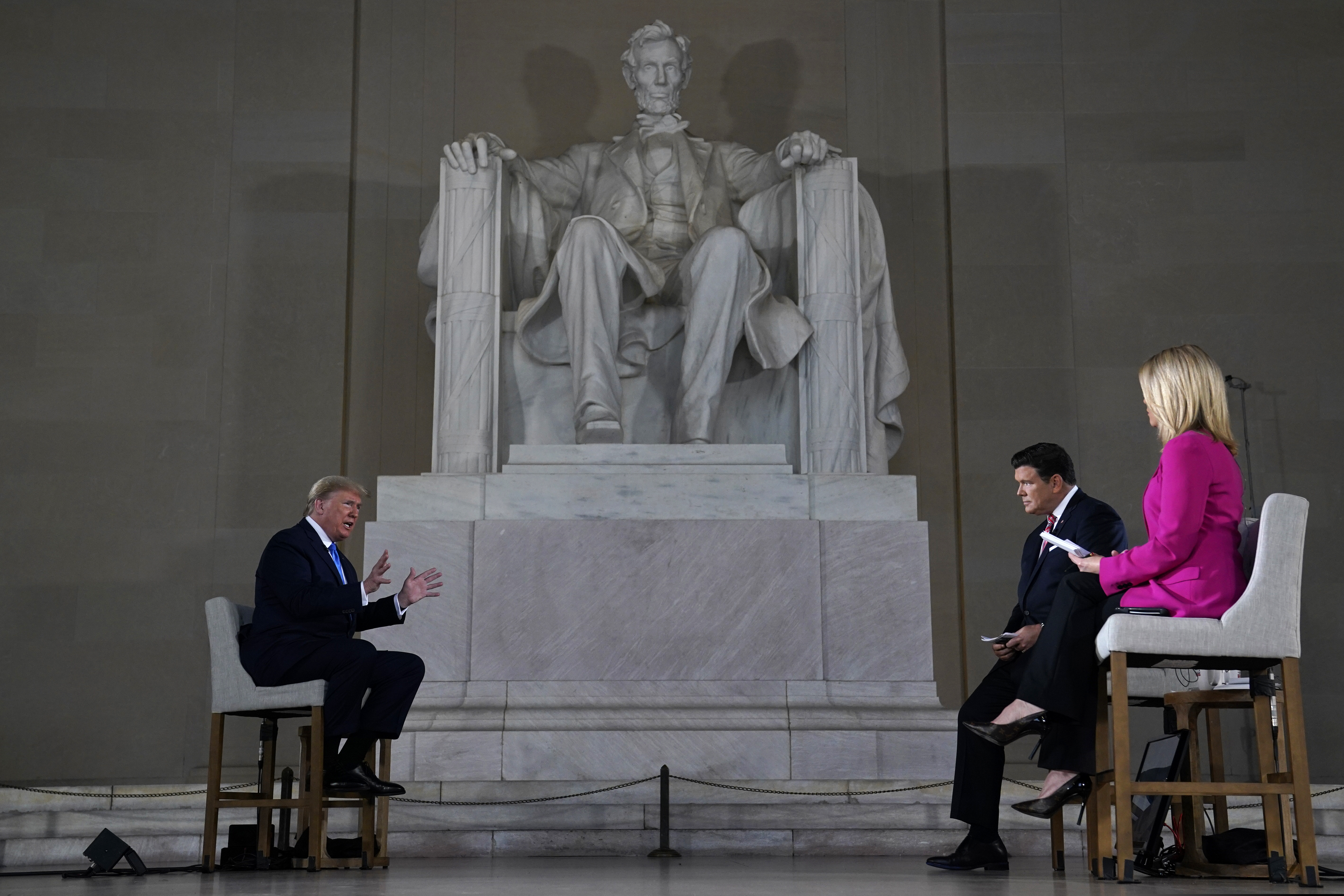 (Evan Vucci | AP file photo) President Donald Trump speaks during a Fox News virtual town hall from the Lincoln Memorial, Sunday, May 3, 2020, in Washington, co-moderated by FOX News anchors Bret Baier and Martha MacCallum.
