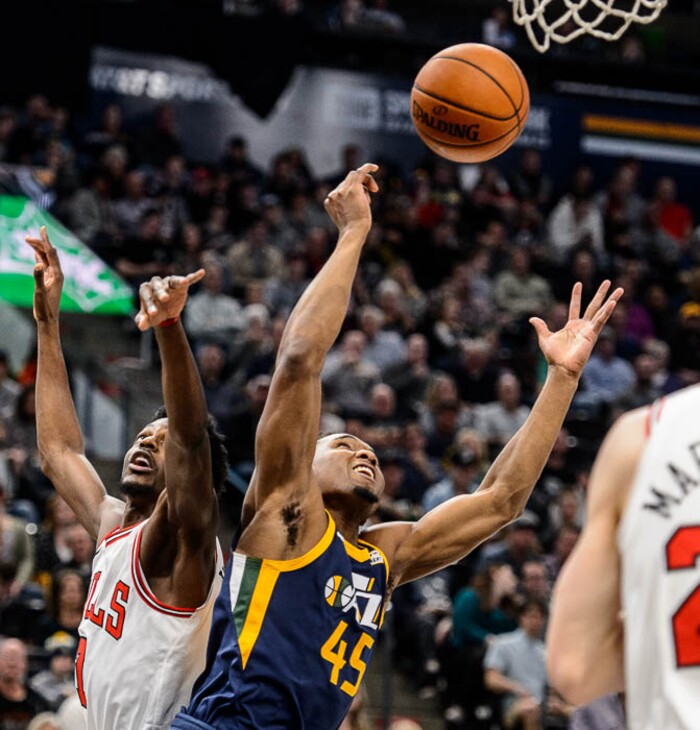 (Trent Nelson | The Salt Lake Tribune)  Utah Jazz guard Donovan Mitchell (45) grabs a rebound ahead of Chicago Bulls guard Justin Holiday (7) as the Utah Jazz host the Chicago Bulls, NBA basketball in Salt Lake City Wednesday November 22, 2017.
