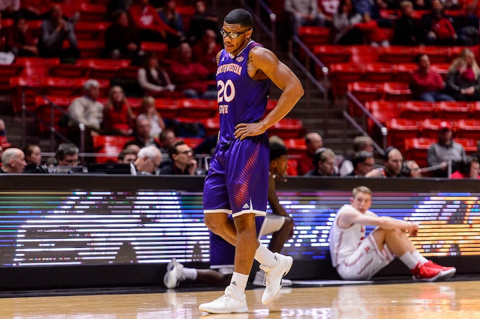 (Trent Nelson | The Salt Lake Tribune)  Northwestern State Demons forward Ishmael Lane (20), down by 20 points with ten minutes to go in the first half, as the University of Utah hosts Northwestern State, NCAA basketball in Salt Lake City, Wednesday December 20, 2017.
