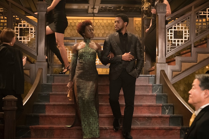 This image released by Disney shows Lupita Nyong'o, left, and Chadwick Boseman in a scene from Marvel Studios' "Black Panther." (Matt Kennedy/Marvel Studios-Disney via AP)