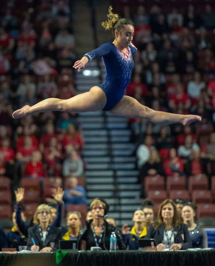 (Rick Egan  |  The Salt Lake Tribune)     Katelyn Ohashi scores a 10 for UCLA as she performs on the floor in the PAC-12 Gymnastics Championships at the Maverik Center, Saturday, March 23, 2019.


