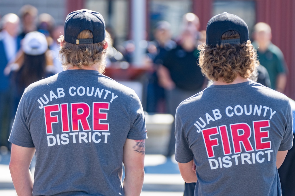 (Rick Egan | The Salt Lake Tribune) Firefighrtes gather together for a news conference and ribbon-cutting at the Wildland Fire Operations Center on Wednesday, May 20, 2026.