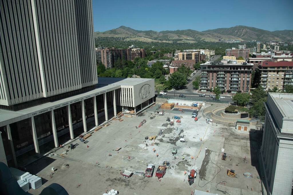 (The Church of Jesus Christ of Latter-day Saints)
A view of the Church Office Building's plaza after the removal of a large fountain, Salt Lake City, June 2021. The Utah-based faith is reducing its water use to comply with state recommendations.