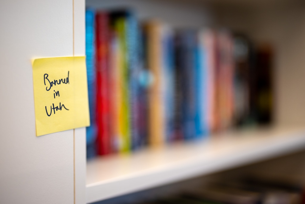 (Trent Nelson  |  The Salt Lake Tribune) A shelf of books labeled "Banned in Utah" at Ken Sanders bookstore at the Leonardo in Salt Lake City.  on Tuesday, Sept. 6, 2022.