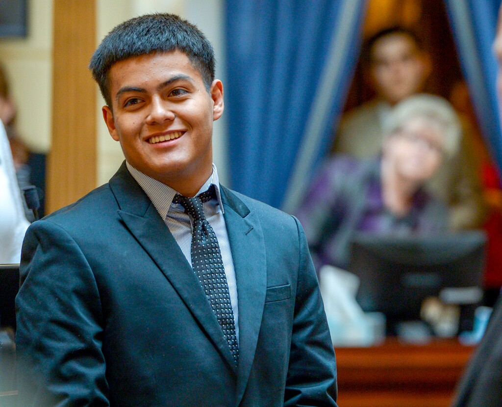 (Leah Hogsten | The Salt Lake Tribune) Felix Ortiz is honored during Senate floor time. Sen. Luz Escamilla, D-Salt Lake, presented a citation to the West High School student for his heroic actions in saving the life of a man who suffered a medical emergency and crashed his car. Ortiz initiated CPR on the victim at the scene of the Feb. 19 crash.