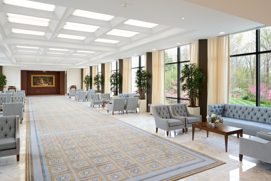 (The Church of Jesus Christ of Latter-day Saints) Furniture adorns a pedestrian bridge leading to the entrance of the Washington D.C. Temple.