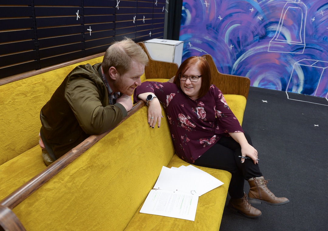 (Leah Hogsten  |  The Salt Lake Tribune) An Other Theater Co. co-artistic director Kacey Spadafora shares a laugh with Chantel Ficklin, a cast member of the upcoming play "Six Characters In Search of An Author," on Tuesday, Feb. 13, 2018. An Other Theater Co., located inside the Provo Towne Center Mall, aims to bring edgier productions to Utah County.