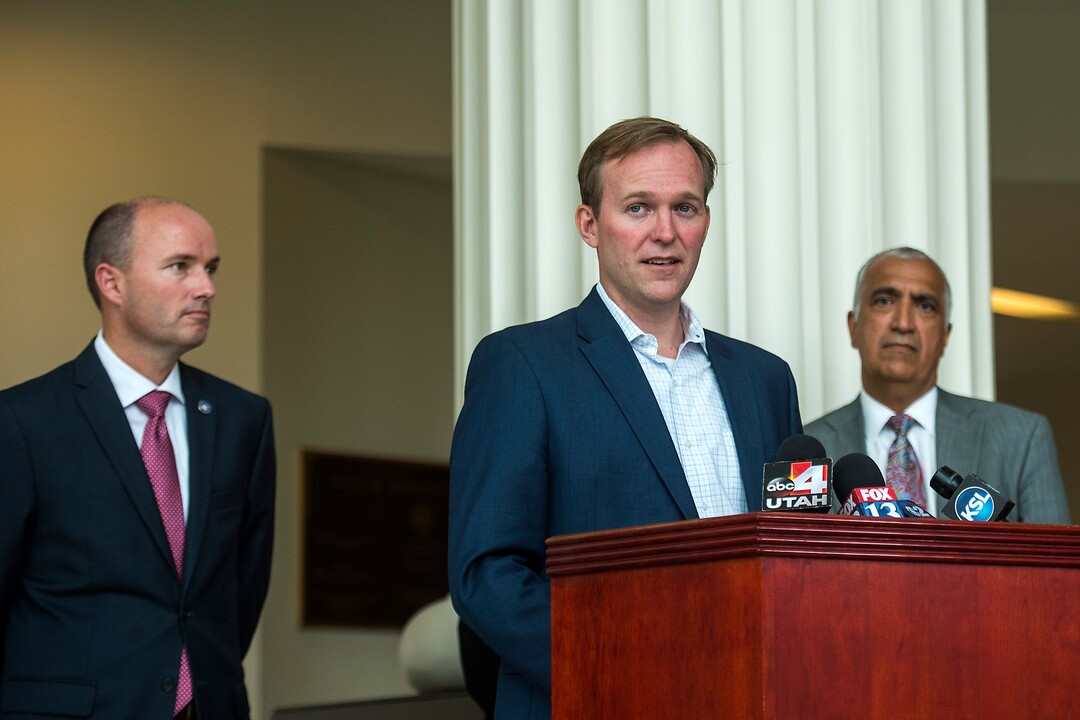 (Chris Detrick  |  The Salt Lake Tribune)  Salt Lake County ​Mayor​ ​Ben​ ​McAdams speaks during a press conference at Matheson Courthouse Wednesday, September 13, 2017. 