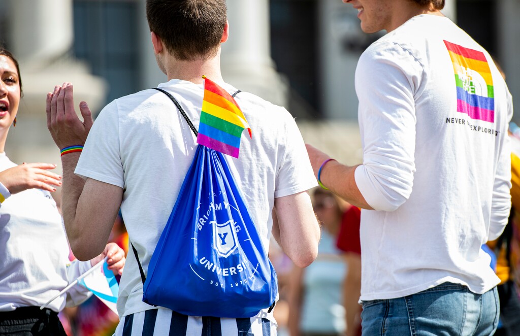 (Isaac Hale | Special to The Tribune) An attendee sports Brigham Young University and pride apparel before the Rainbow March and Rally began at the Utah State Capitol Building in Salt Lake City as part of Utah Pride Week on Sunday, June 6, 2021.