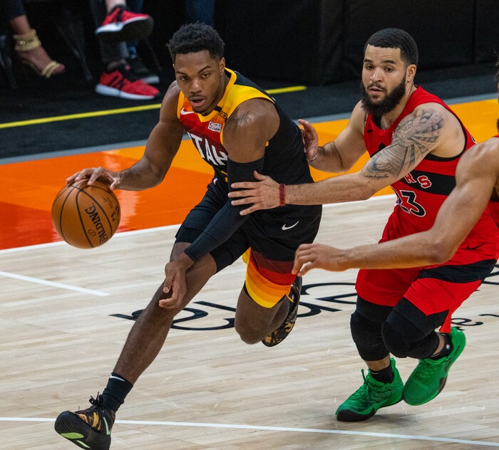 (Rick Egan | The Salt Lake Tribune) Utah Jazz guard Trent Forrest (3) brings the ball down court, as Toronto Raptors guard Fred VanVleet (23) stays with him, in NBA action between the Utah Jazz and the Toronto Raptors at Vivint Arena, on Saturday, May 1, 2021.