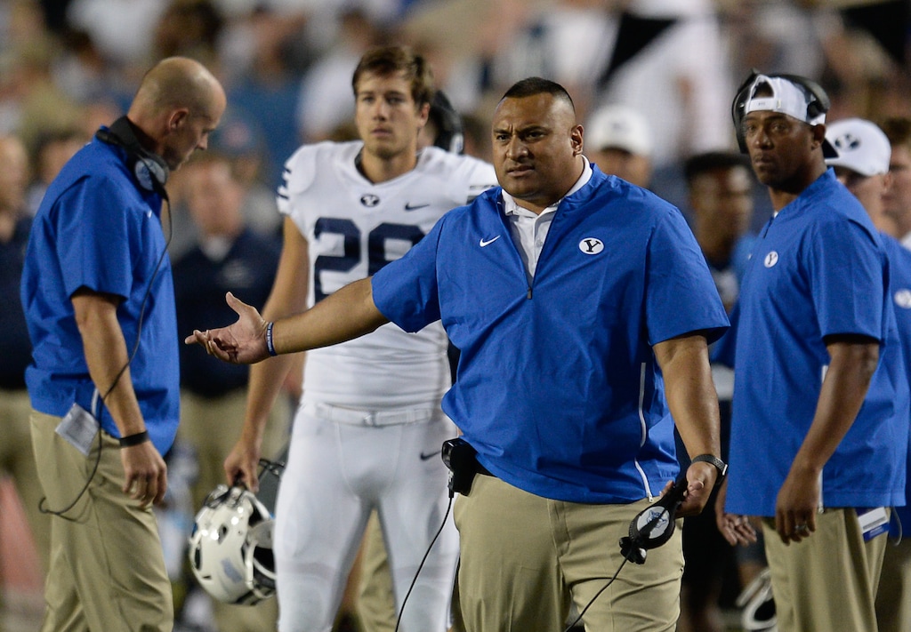 (Francisco Kjolseth  |  The Salt Lake Tribune)  BYU head coach Kalani Sitake argues a call during the first half of the NCAA college football game, Saturday, Sept. 8, 2018, at LaVell Edwards stadium in Provo, Utah.