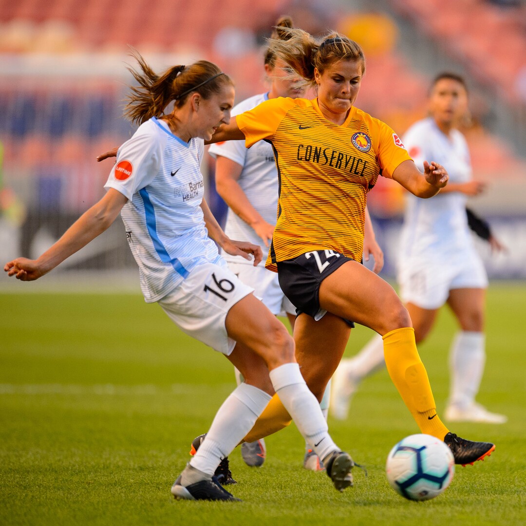 (Trent Nelson  |  The Salt Lake Tribune)  Sky Blue FC midfielder Sarah Killion (16) and Utah Royals FC forward Katie Stengel (24) as Utah Royals FC hosts Sky Blue FC at Rio Tinto Stadium in Sandy on Saturday June 15, 2019.