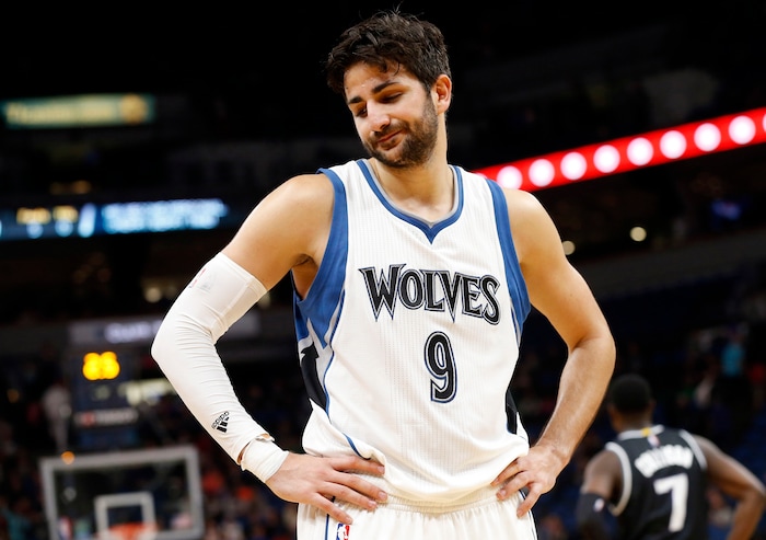 FILE - In this April 1, 2017, file photo, Minnesota Timberwolves' Ricky Rubio reacts in the closing seconds as the Timberwolves lost to the Sacramento Kings 123-117 in an NBA basketball game in Minneapolis. After six years in Minnesota, Ricky Rubio is saying goodbye. The seemingly endless rumors finally came to fruition when he was traded to the Utah Jazz last week. (AP Photo/Jim Mone, File)
